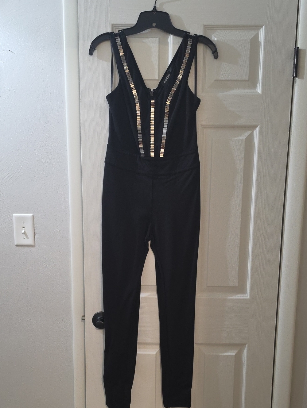 bebe Black Jumpsuit with Gold Sequin Trim